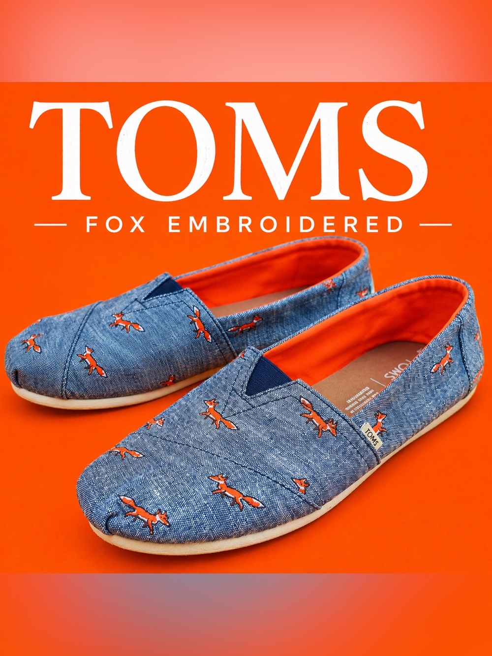 TOMS Fox Embroidered Alpargata Slip On Flats Blue Chambray Orange Size 9